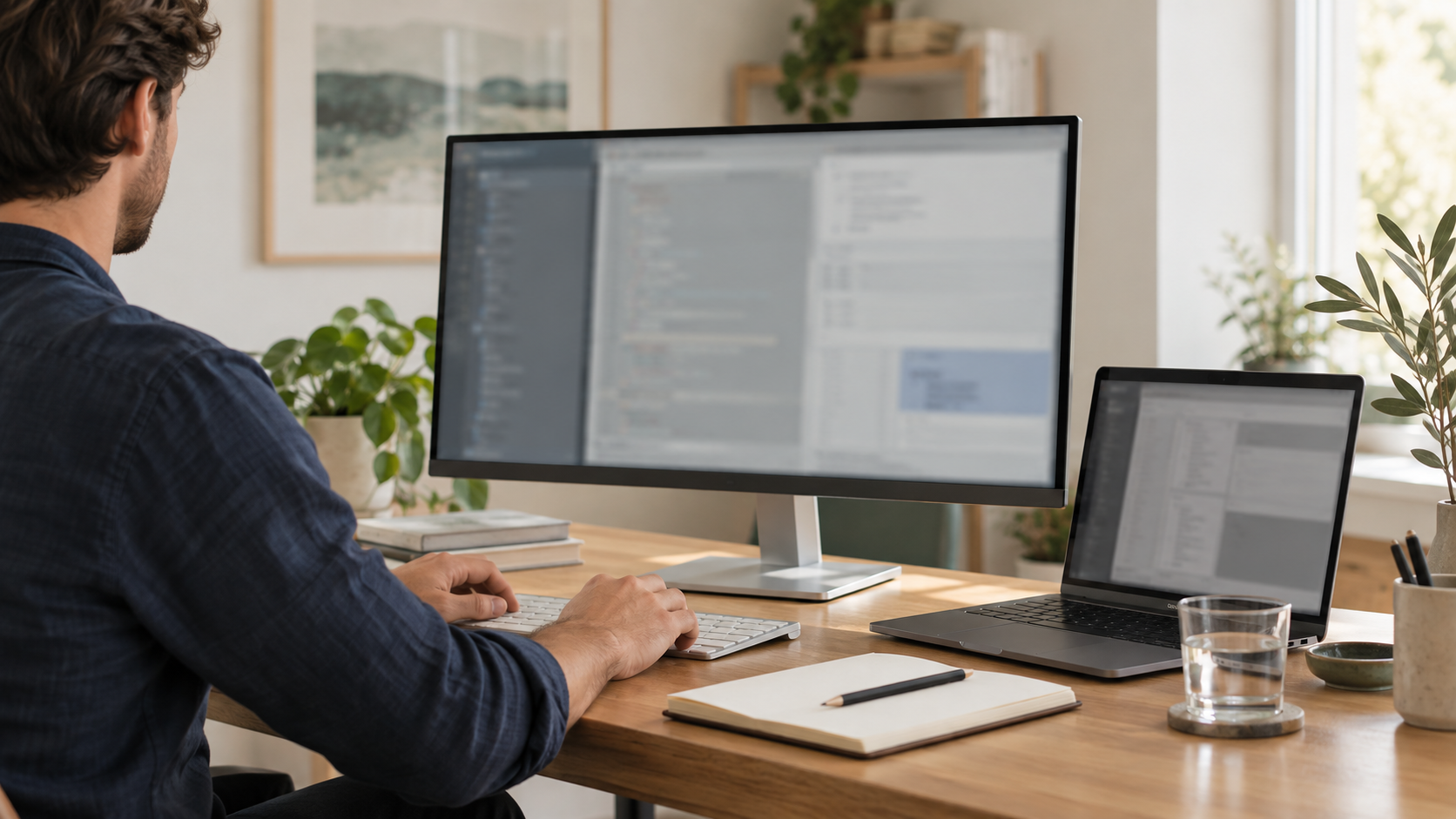 Engineer working at a desk with connected software tools