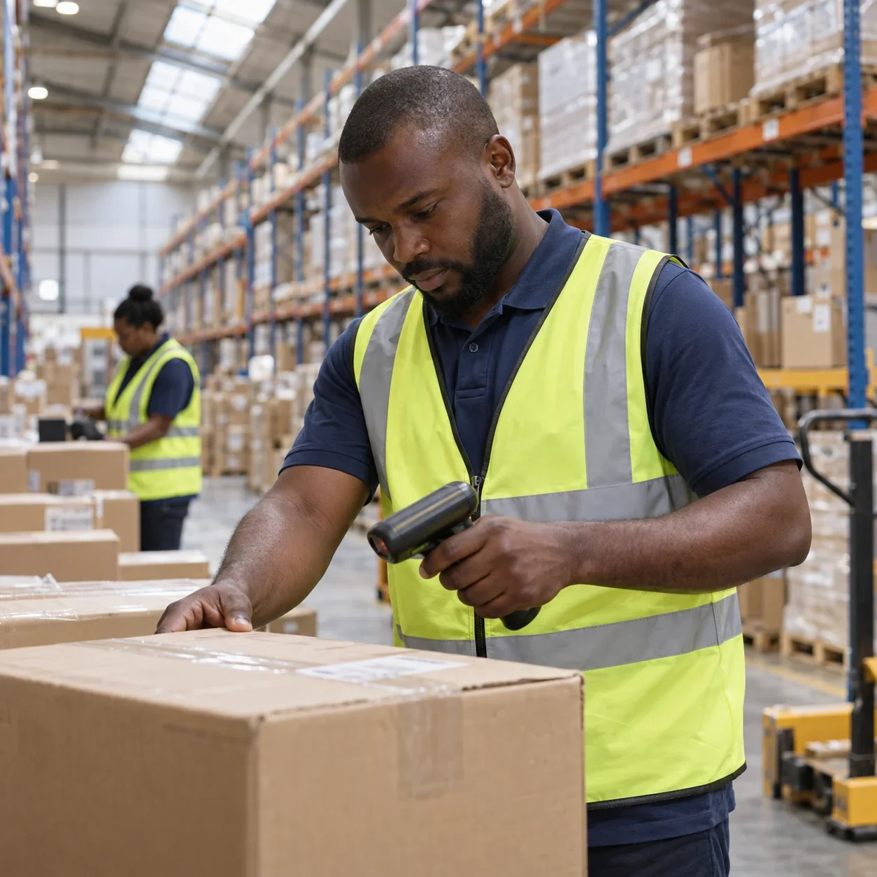 Illustrative logistics scene: a warehouse supervisor scanning a packed carton