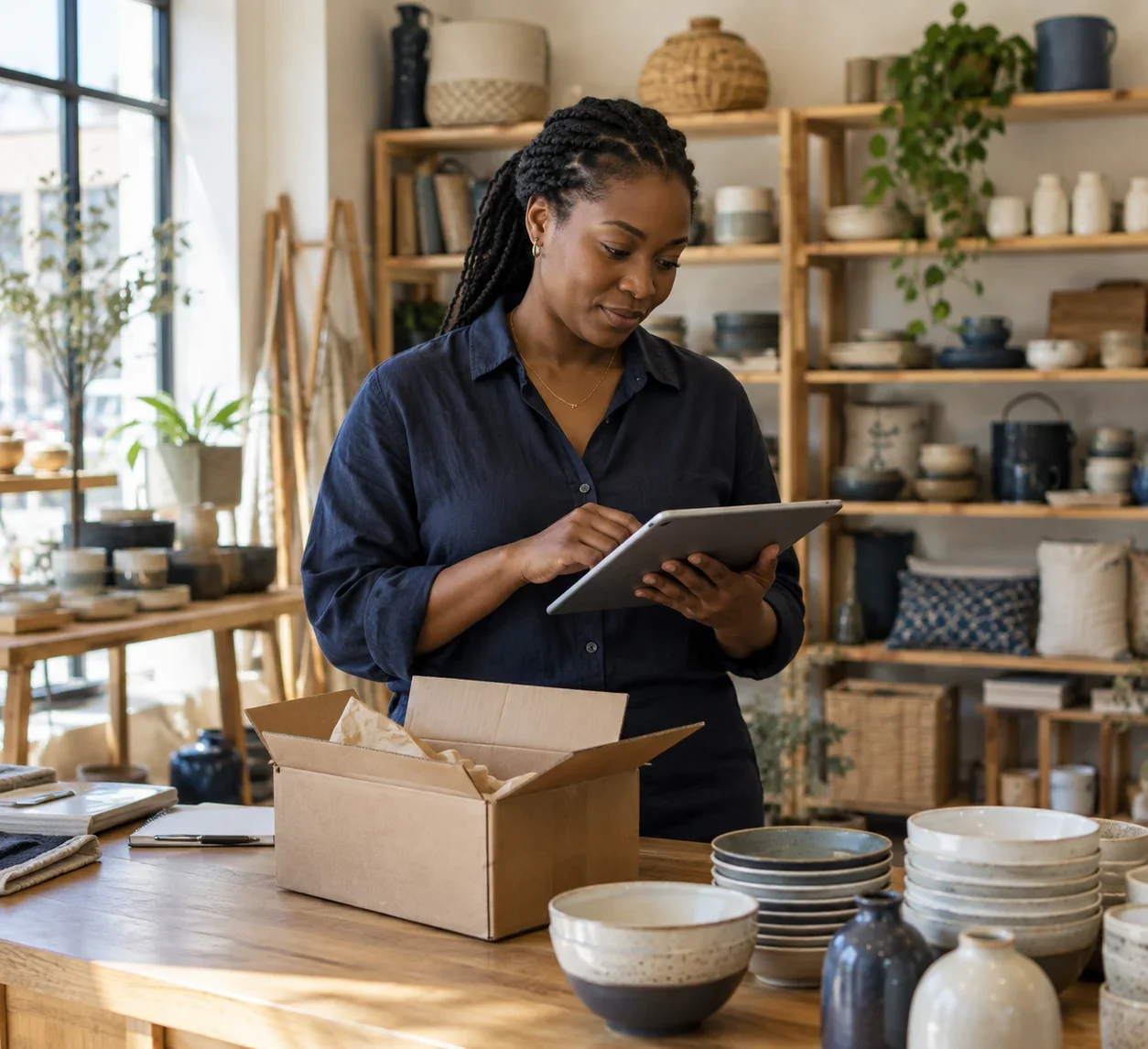 Illustrative retail scene: a shop professional reviewing an order beside a packing counter