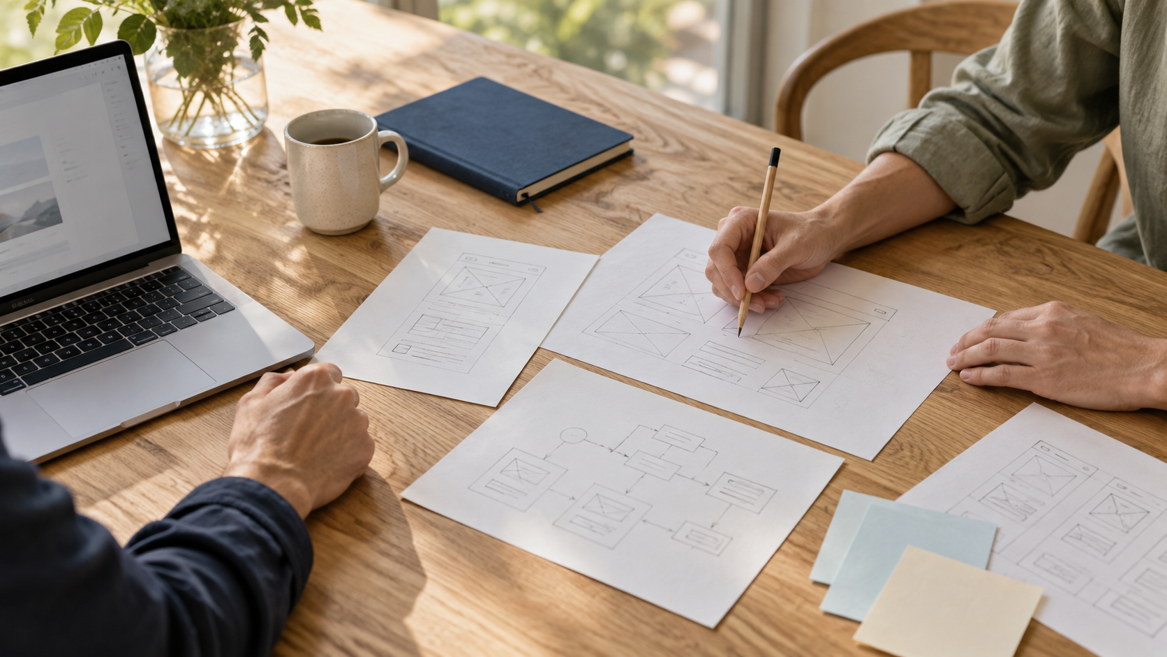 People sketching a digital product together at a worktable