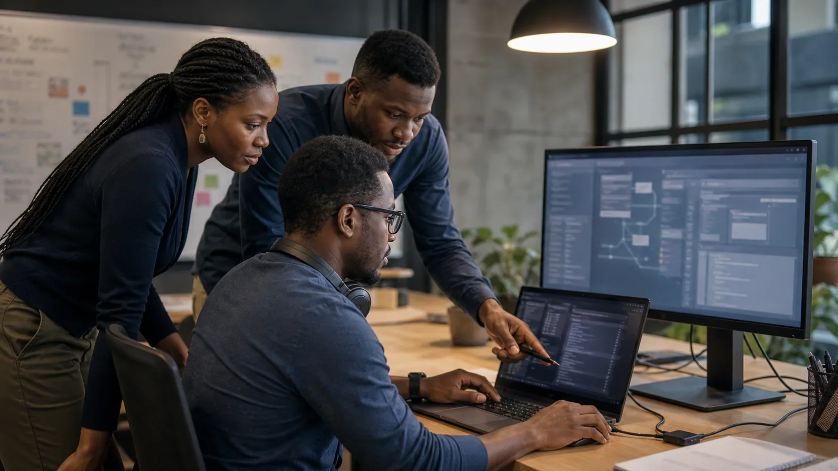 Software engineers collaborating at a development workstation