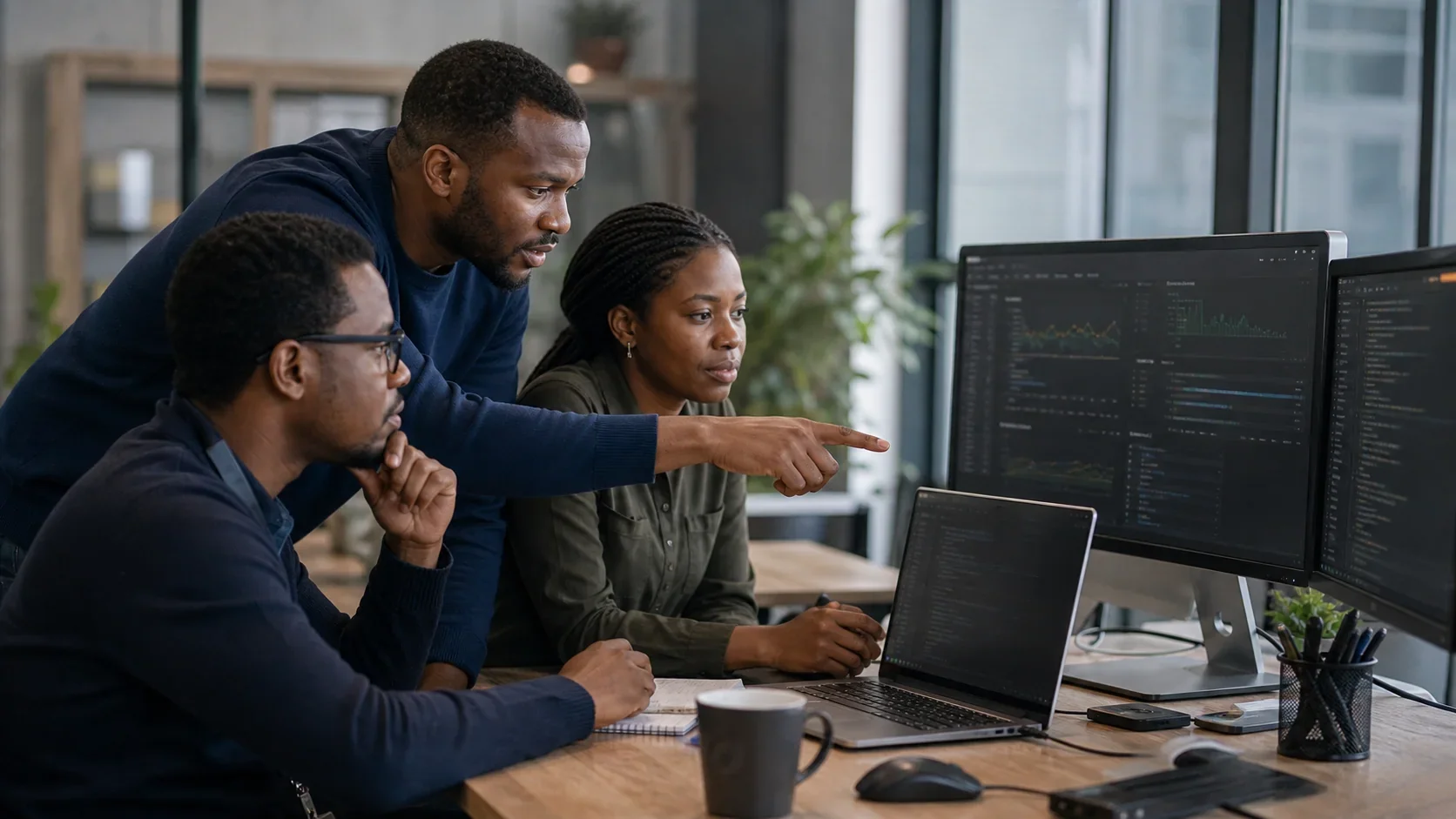 Engineering team calmly reviewing a production software system