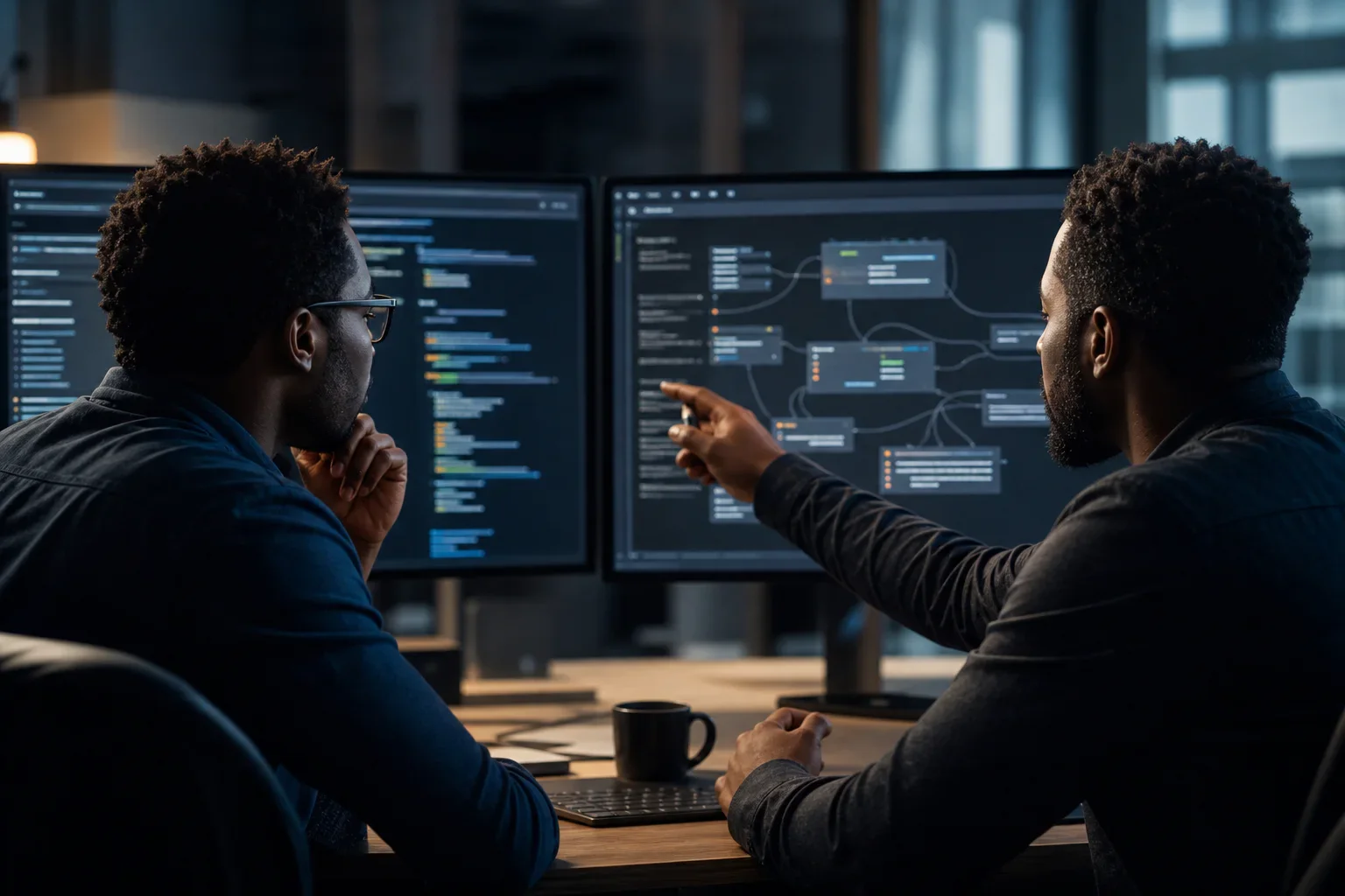 Software engineers reviewing system architecture at their workstation