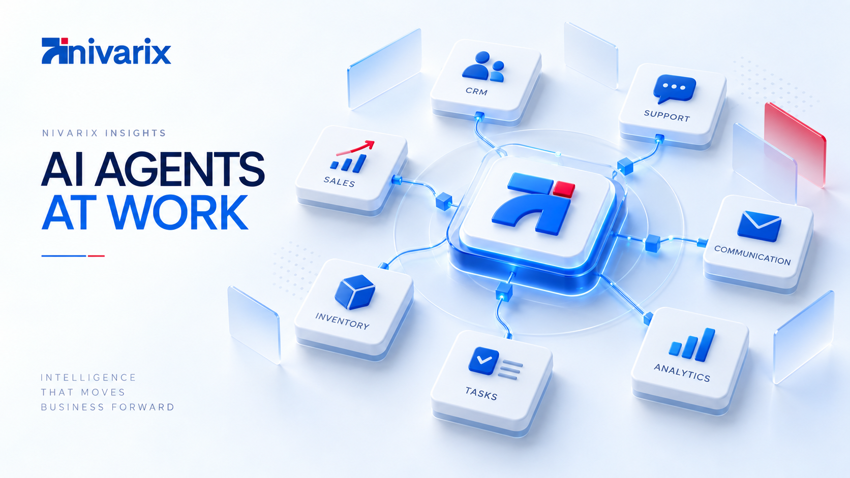 Conceptual Nivarix illustration of an AI hub connecting CRM, sales, support, communications, inventory, tasks and analytics