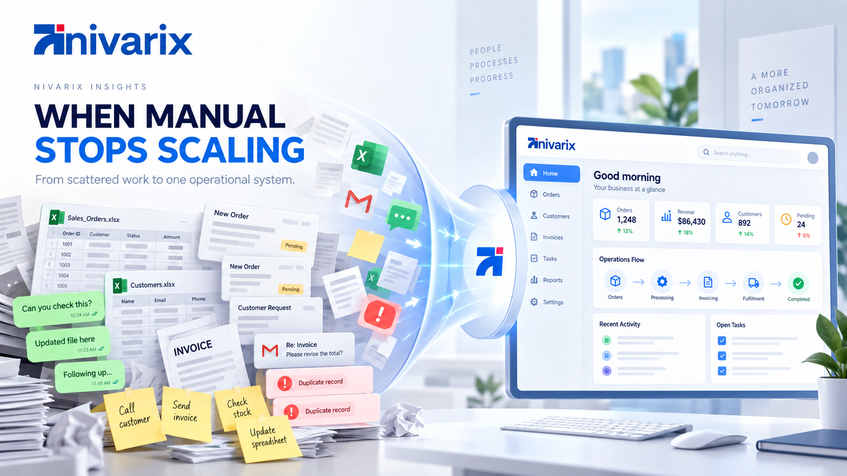Conceptual transition from spreadsheets, messages and paperwork to a centralized business operations dashboard