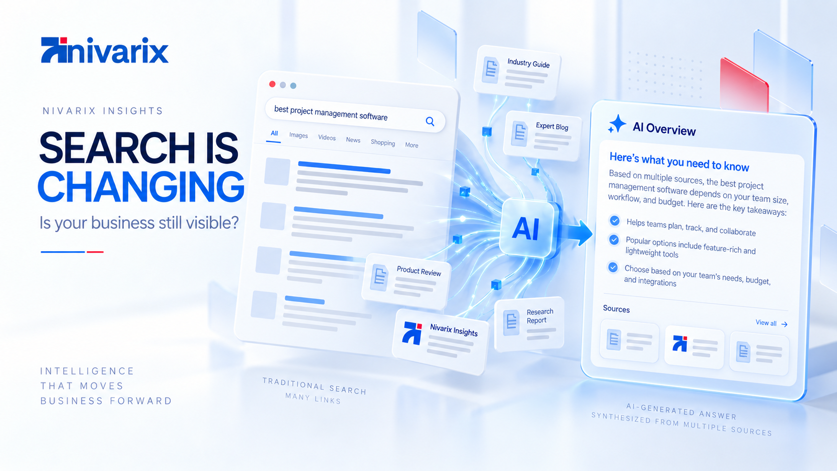 Conceptual comparison between traditional search results and an AI-generated search overview