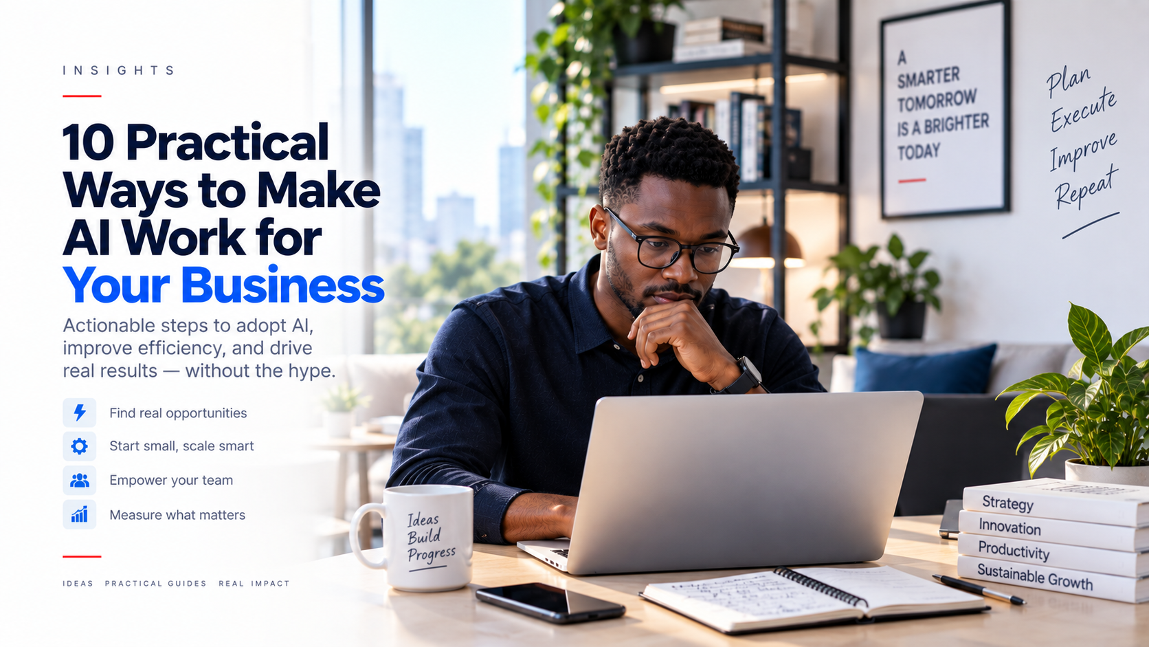 Business professional planning practical ways to adopt AI, improve efficiency and measure results