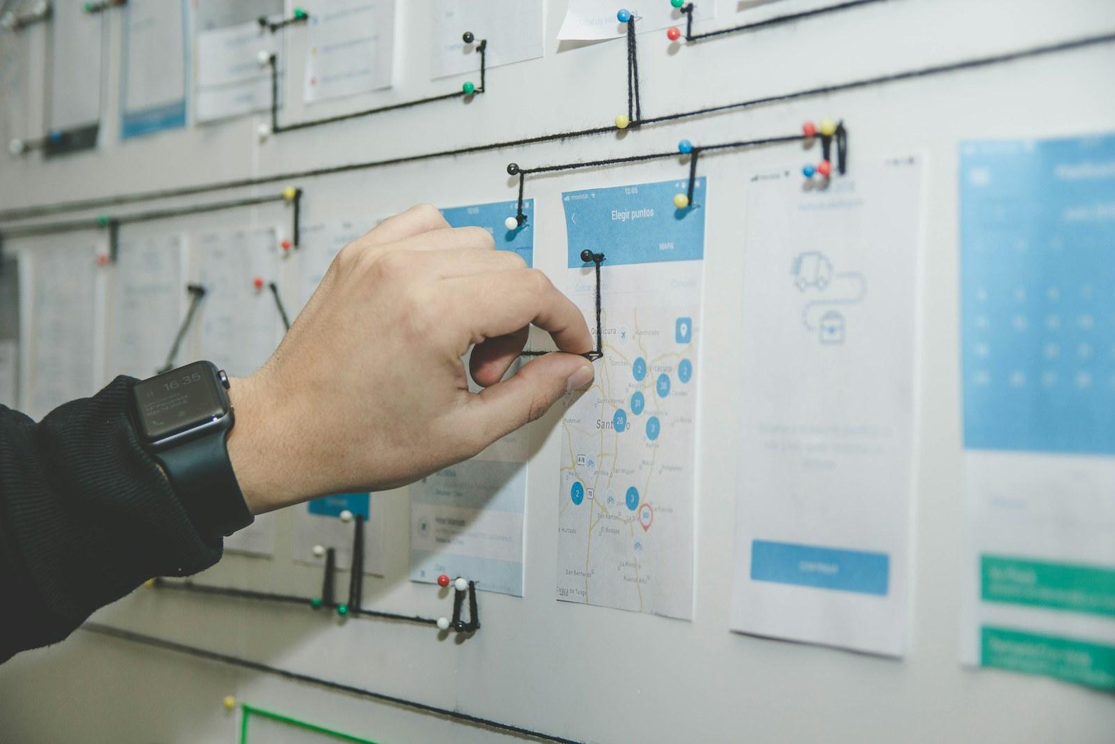 Project planning notes arranged on a board