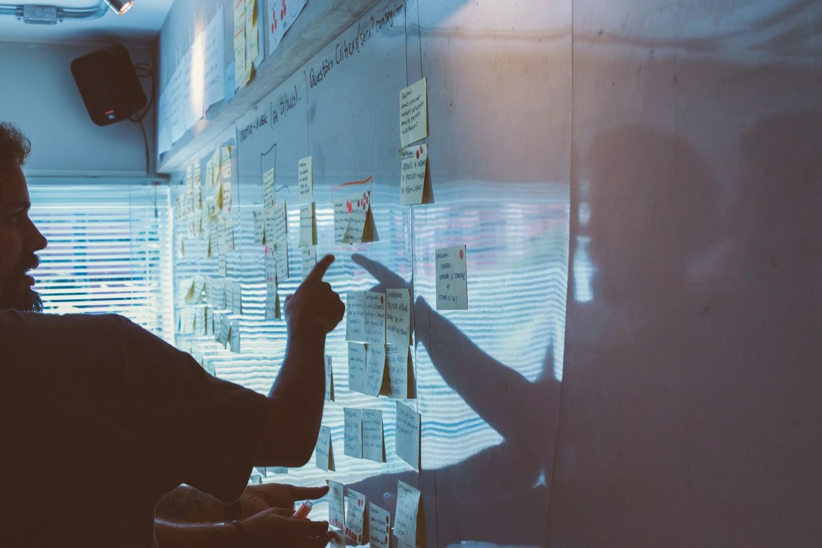 Product team mapping ideas on a wall