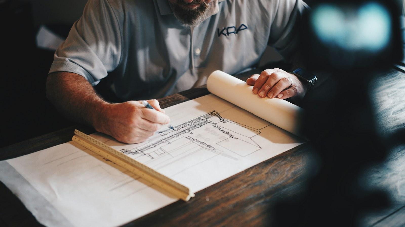Architect drafting a building plan with a ruler