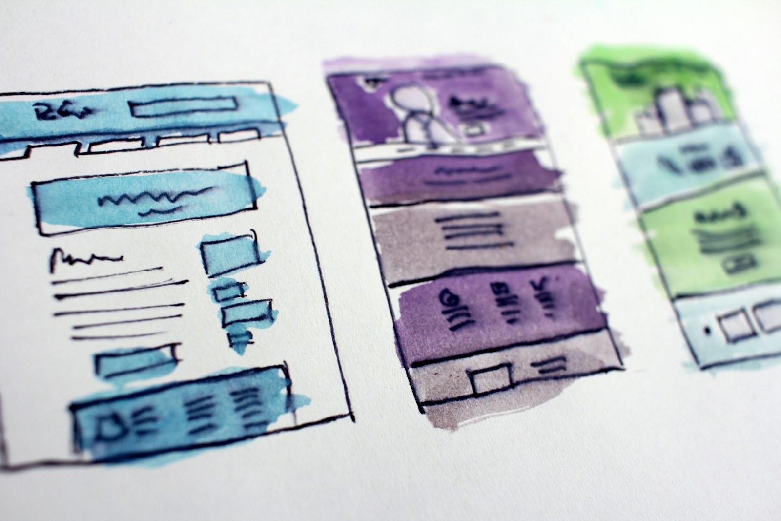 Website wireframe sketches laid out for review
